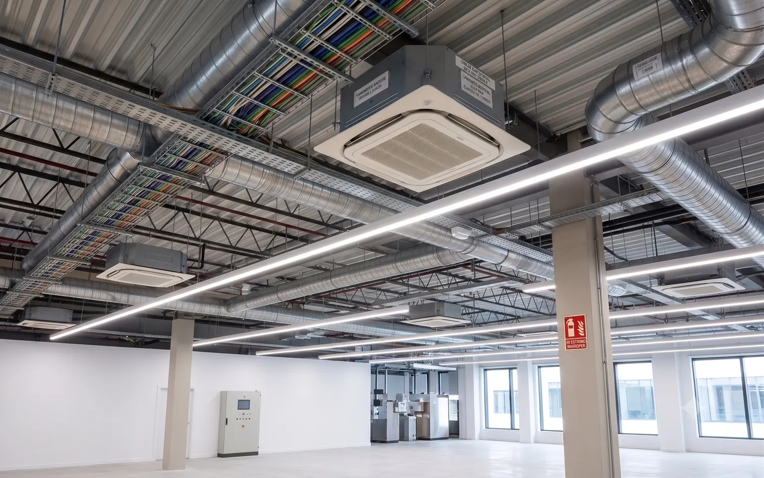 Instalación de climatización comercial con conductos y equipos de techo