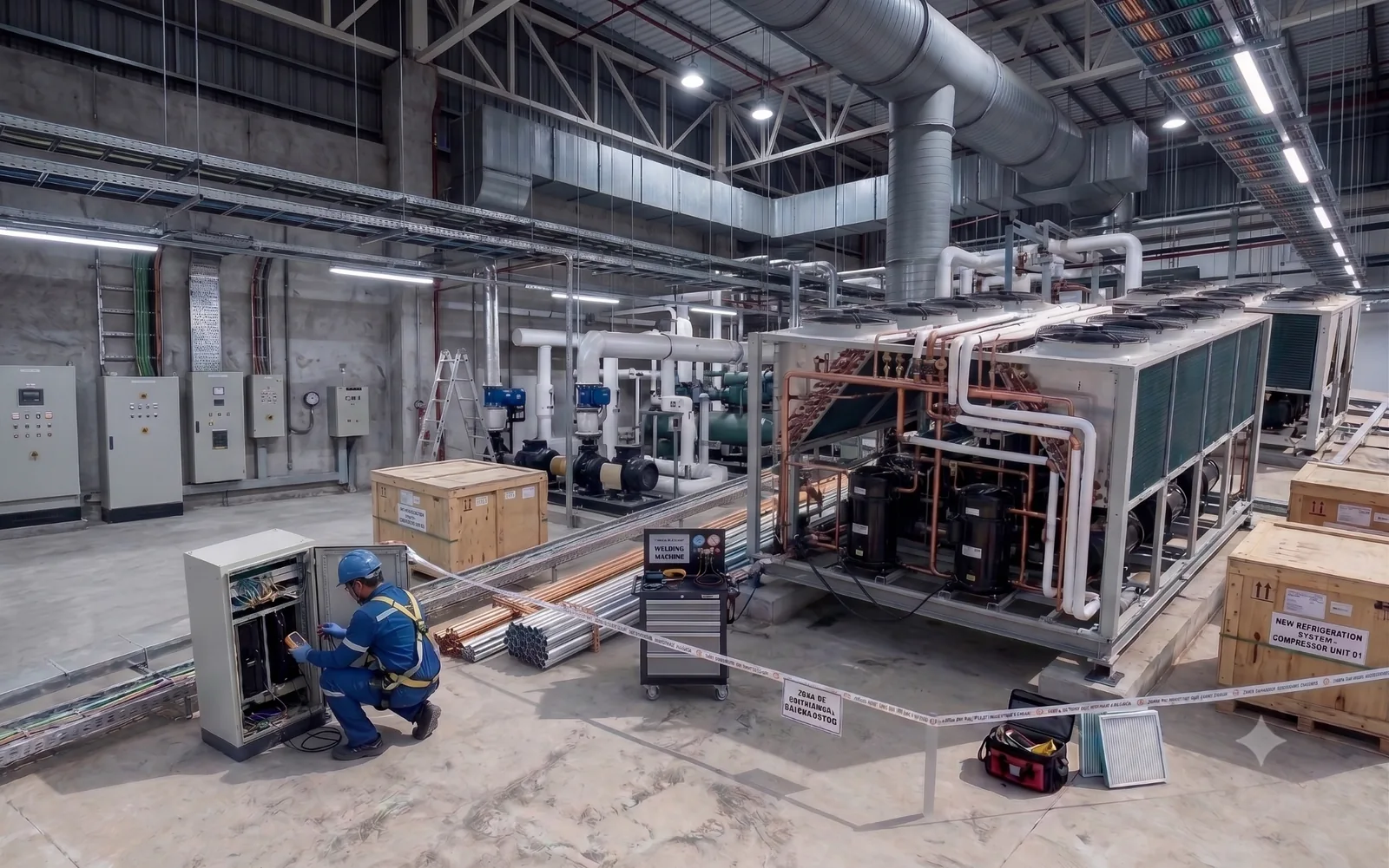 Técnico realizando una revisión en una instalación de refrigeración industrial