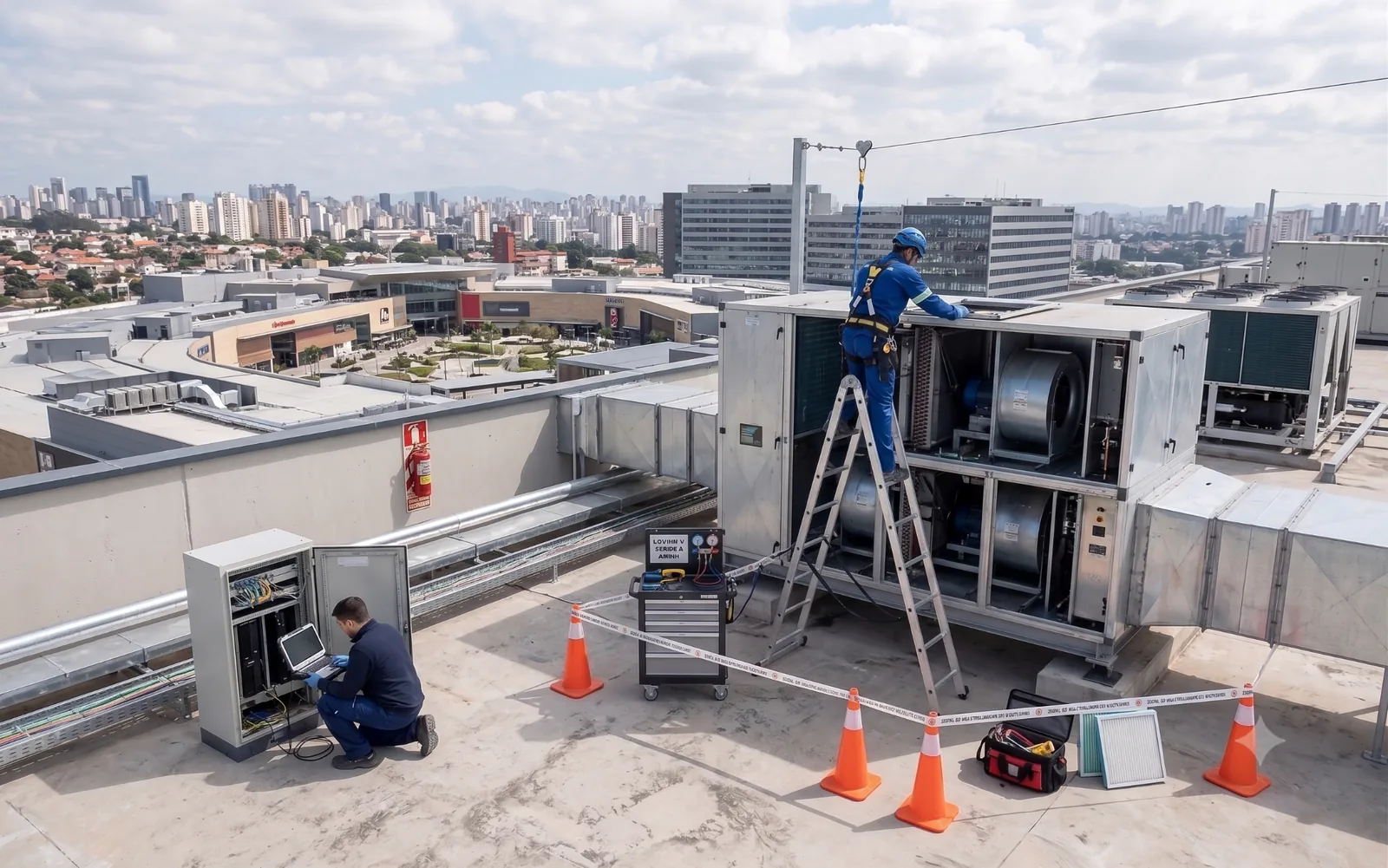 Técnicos realizando revisión y mantenimiento de equipos de climatización en cubierta