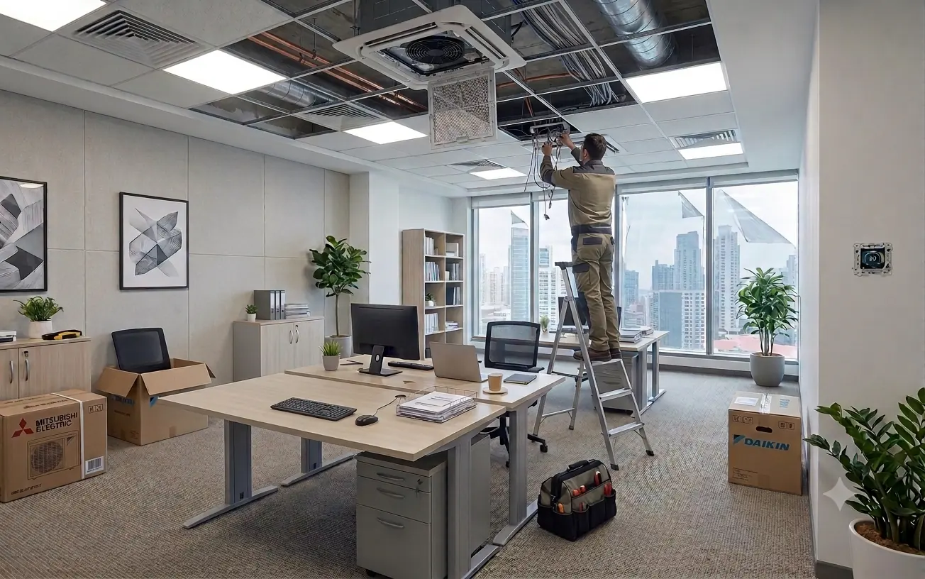 Instalador de Termoelectra montando una unidad de aire acondicionado tipo cassette en el falso techo de una oficina