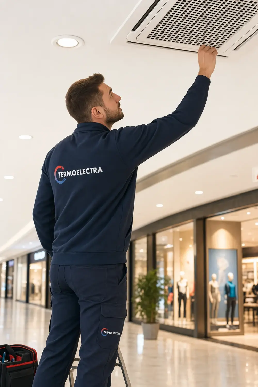 Técnico de Termoelectra realizando mantenimiento de climatización comercial