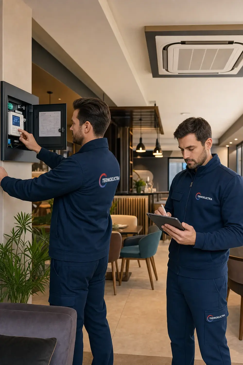 Técnico configurando un panel de climatización