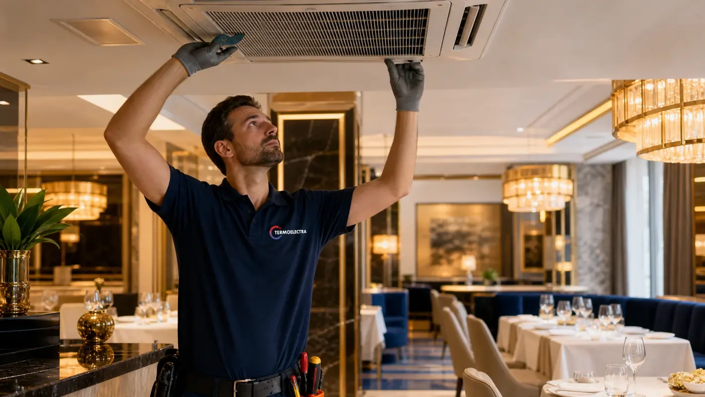 Técnico de Termoelectra revisando una instalación de climatización comercial