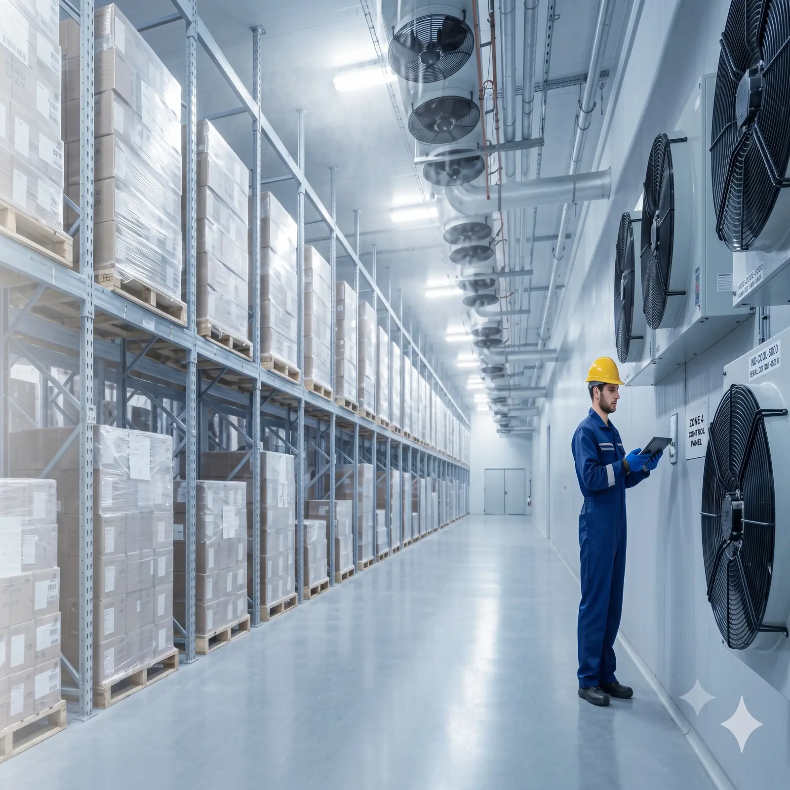 Técnico revisando equipos dentro de una cámara frigorífica industrial