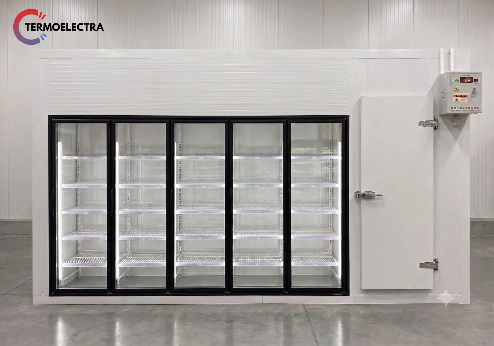 Cámara frigorífica comercial con puertas de vidrio instalada por Termoelectra