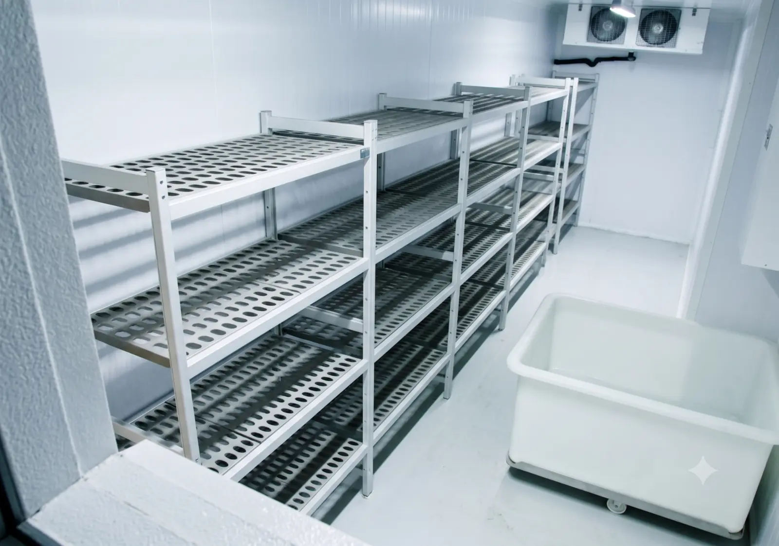 Interior de una cámara de congelación con estanterías y evaporador