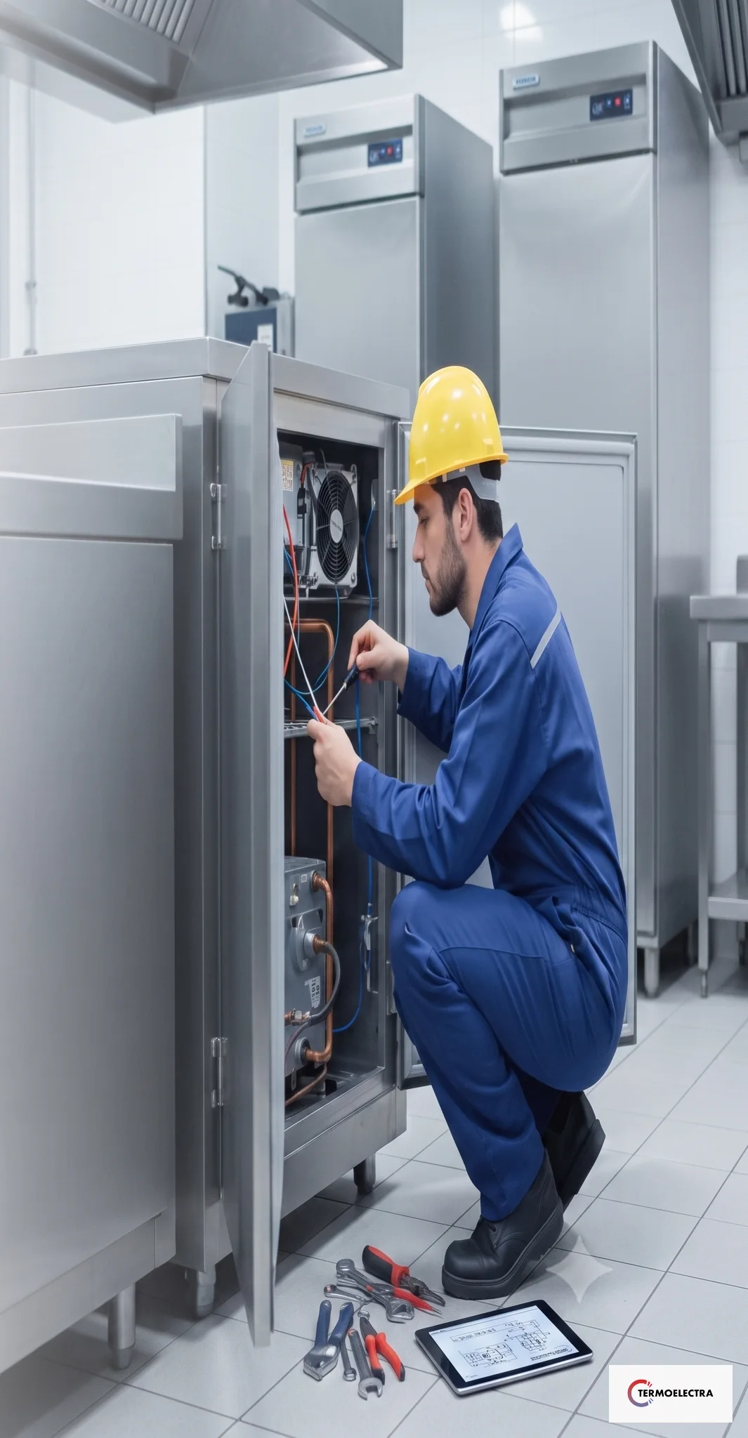 Técnico de Termoelectra reparando un equipo de refrigeración profesional