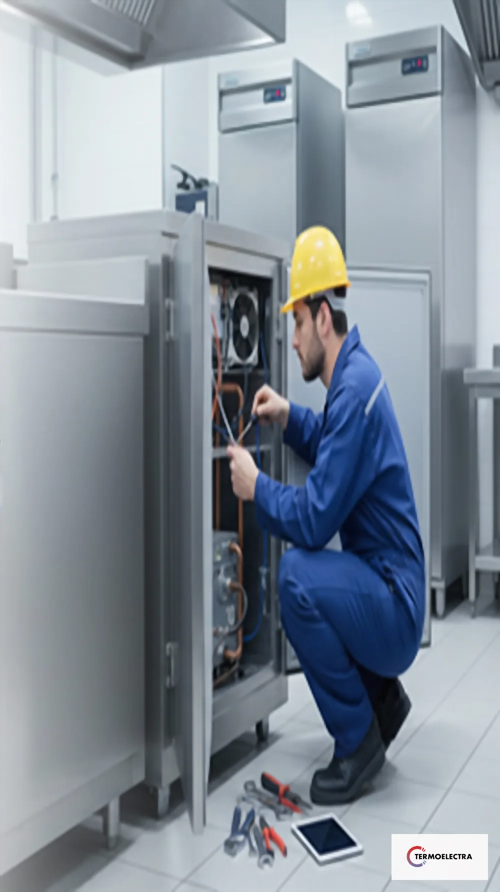 Técnico de Termoelectra revisando unidades condensadoras en cubierta