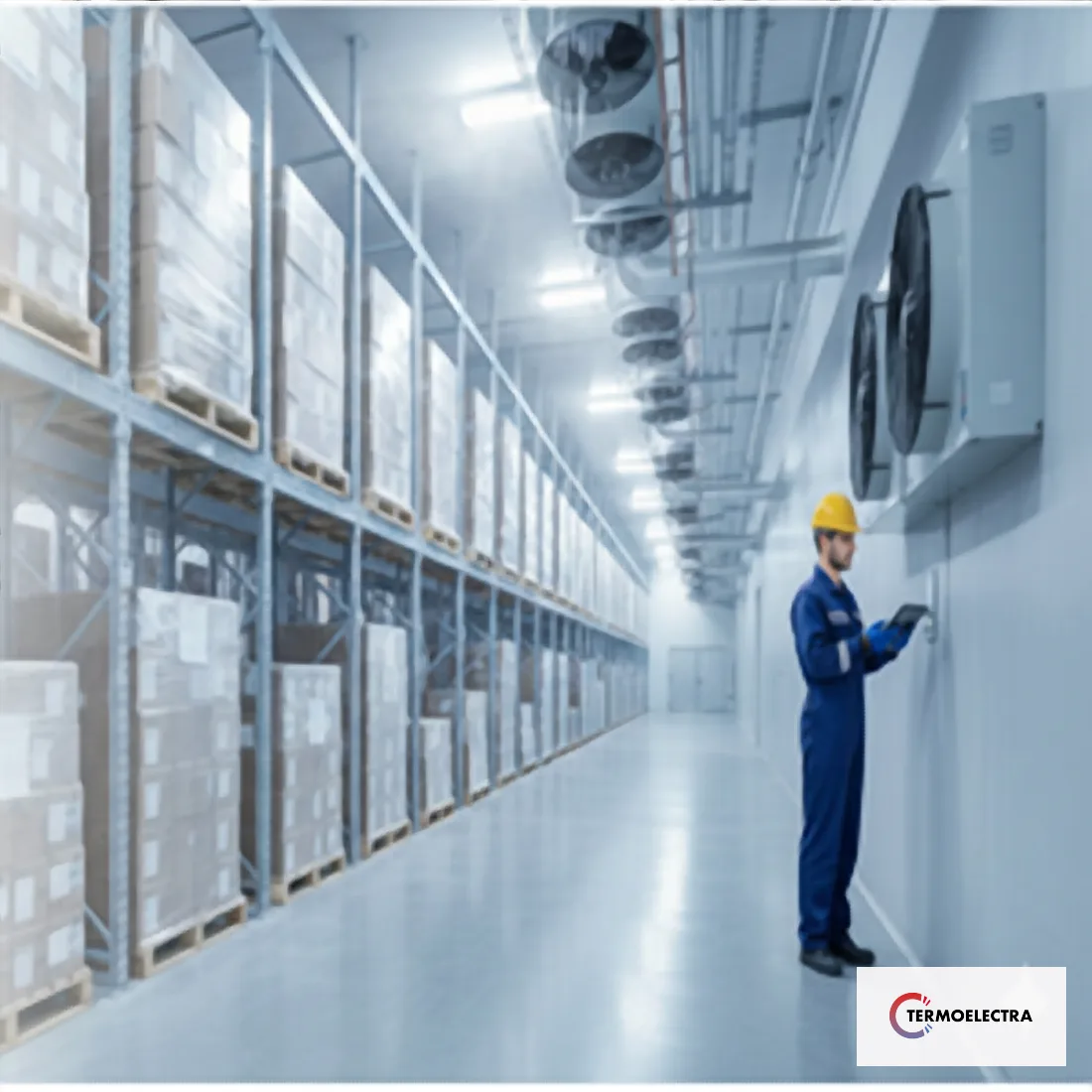 Técnico de Termoelectra en un almacén frigorífico industrial